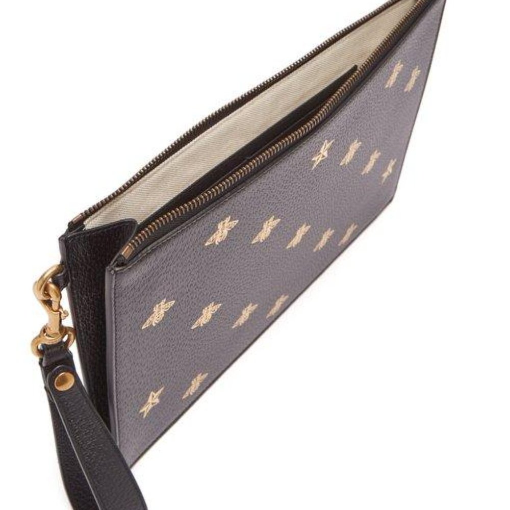 Gucci Bee-print Grained-leather Pouch In Brown NEW IN DUSTBAG - Picture 2 of 5